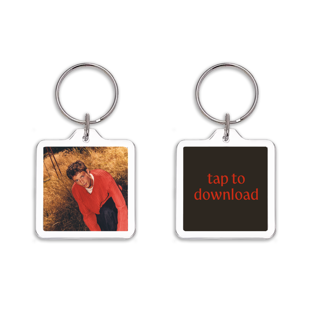 Henry Moodie - Mood Swings keychain with the album cover on one side, and a red text on a black background reading 'tap to download' on the other