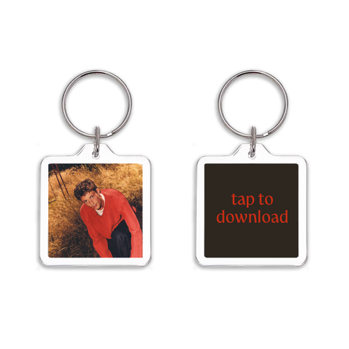Henry Moodie - Mood Swings keychain with the album cover on one side, and a red text on a black background reading 'tap to download' on the other